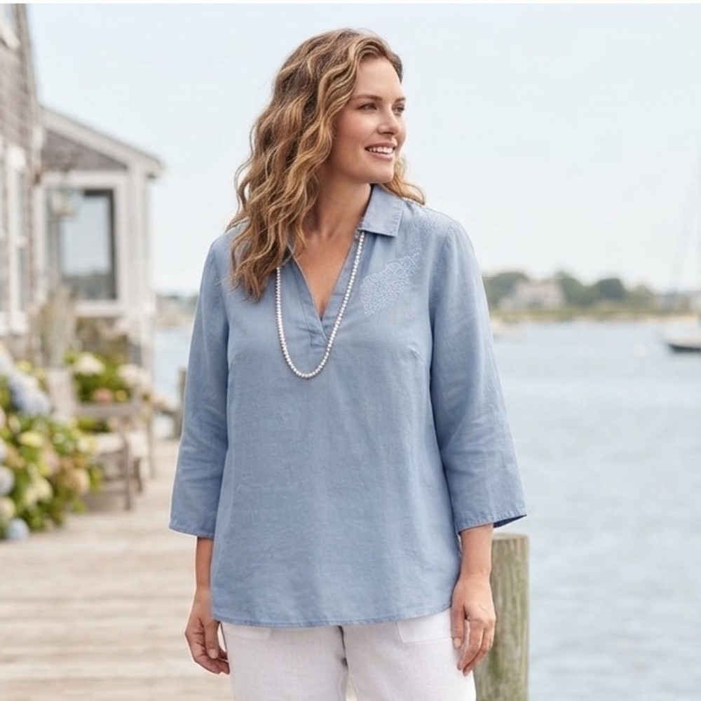 Calypso St. Barth Tunic Womens 1X Blue Linen Blend Shell Embroidery Boho Coastal